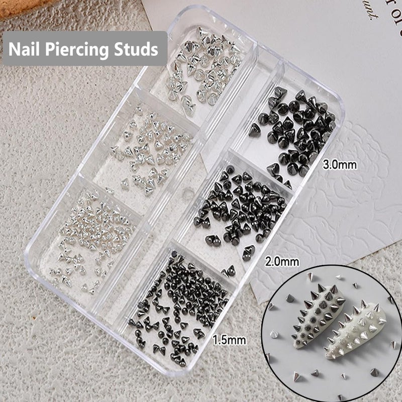 KACHIMOO Nail Piercing Charms,2 Boxes Metal Punk Goth Studs Silver Black Y2K Nail Charms with Piercing for Nail Art Decoration - Image 3